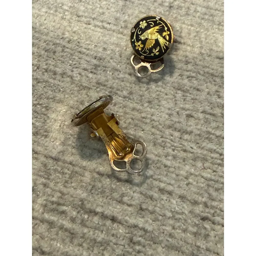 Vintage Toledo Spain Gold Tone Damascene Clip On Earrings Bird Enameled Clip Ons